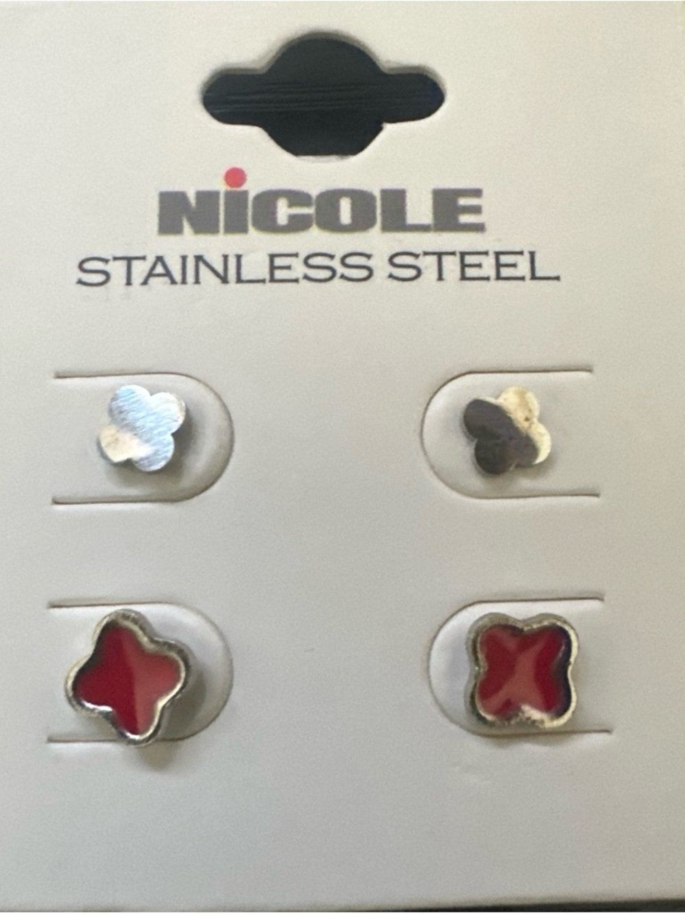 Nicole Stainless Steel Red Clover Stud Earring Set